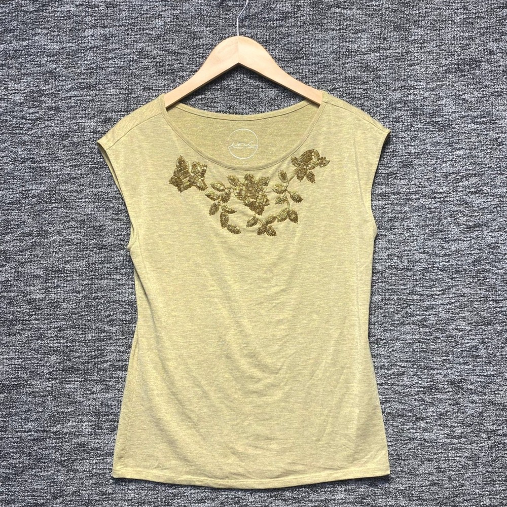 INC International Concepts Beaded Floral Top Womens L Gold Metallic Embellished